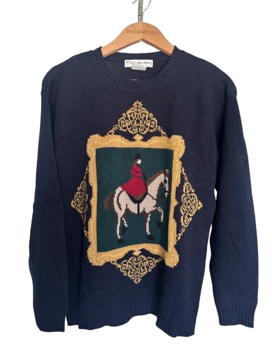 JH Collectibles Other - VTG 90s 100% Wool Horse Riding Equestrian Navy Crewneck Sweater Grandmillennial